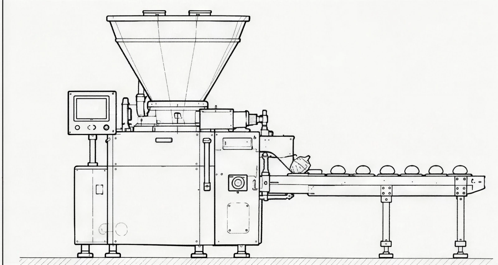 Technical elevation drawing of a dough dividing machine feeding portioned product onto a conveyor.