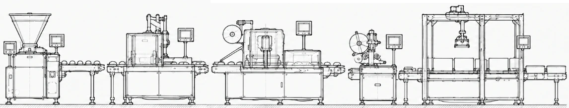 Technical elevation drawing of a complete production line: depositor, forming machine, flow wrapper, labeller and robotic case packer linked by conveyors.