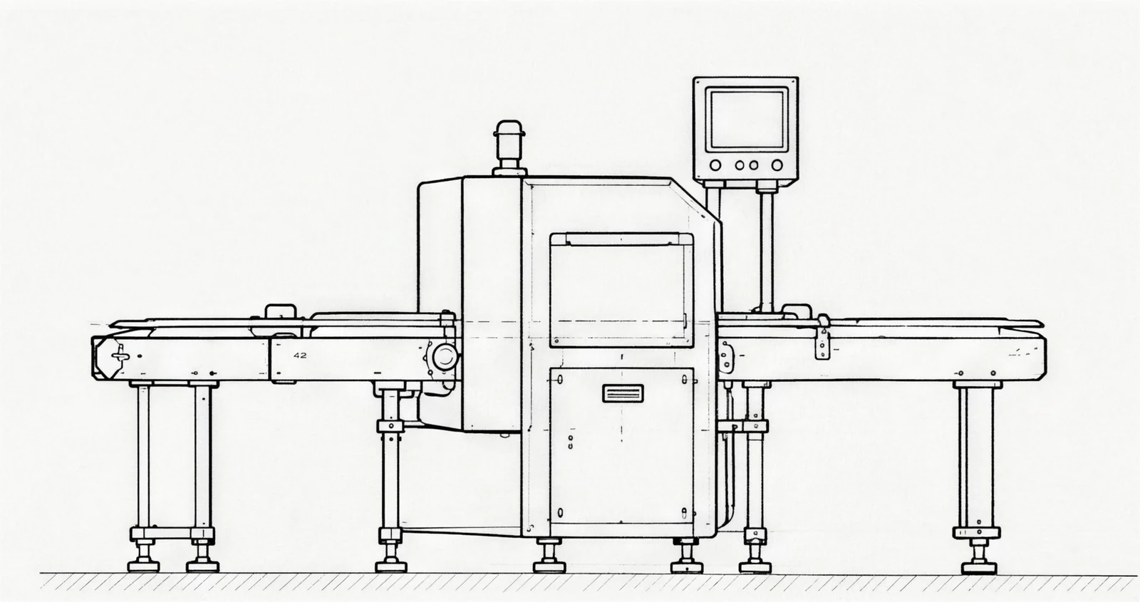 Technical elevation drawing of an inline metal detector and checkweigher inspection station.