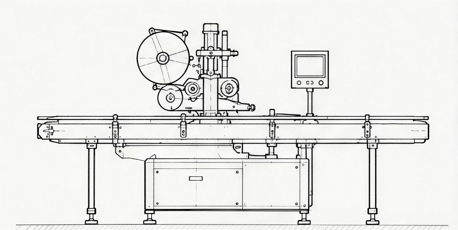 Technical elevation drawing of an automatic labelling machine with a reel applicator over a conveyor.