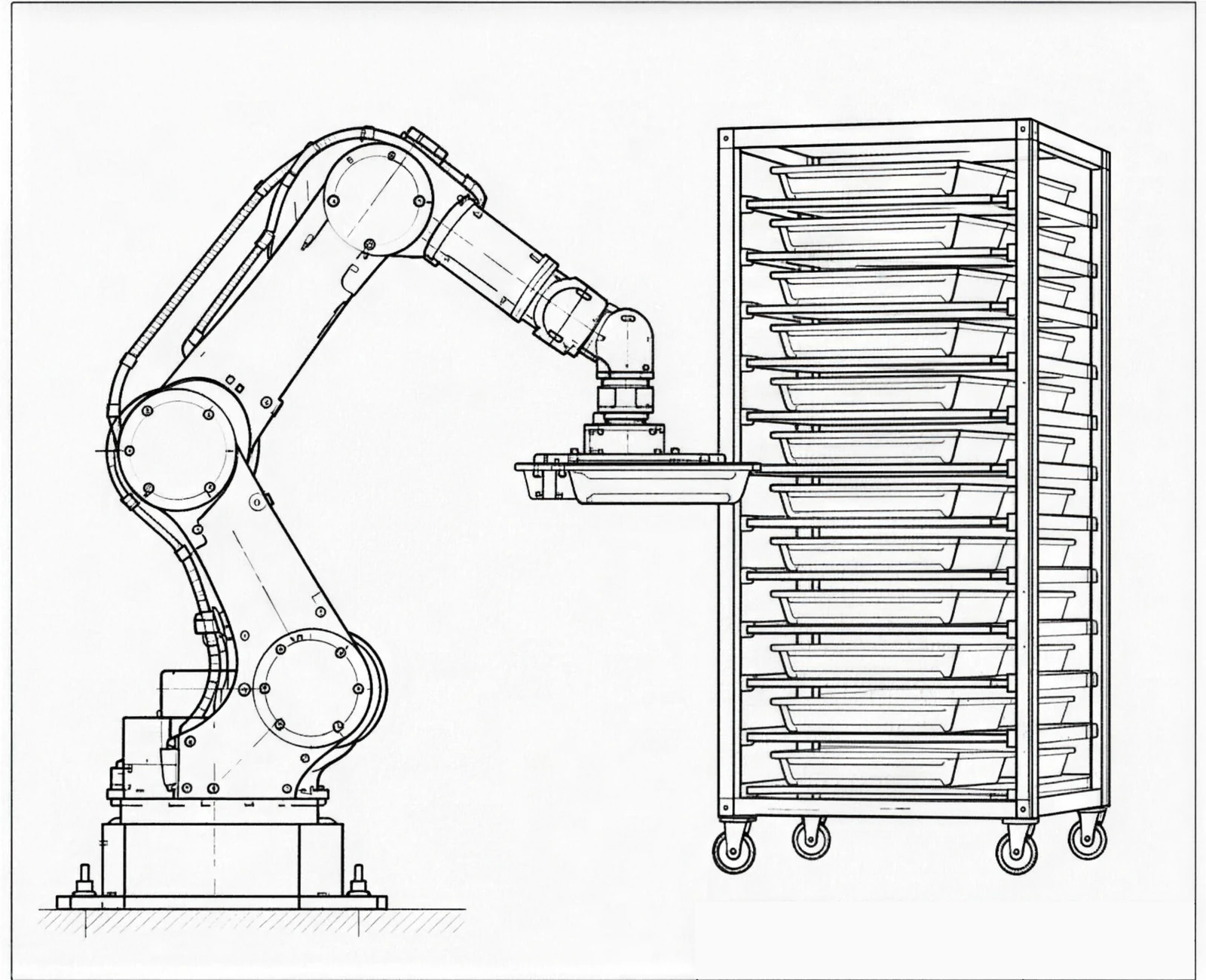 Technical elevation drawing of a six-axis robot loading a baking pan into a multi-tier rack trolley.